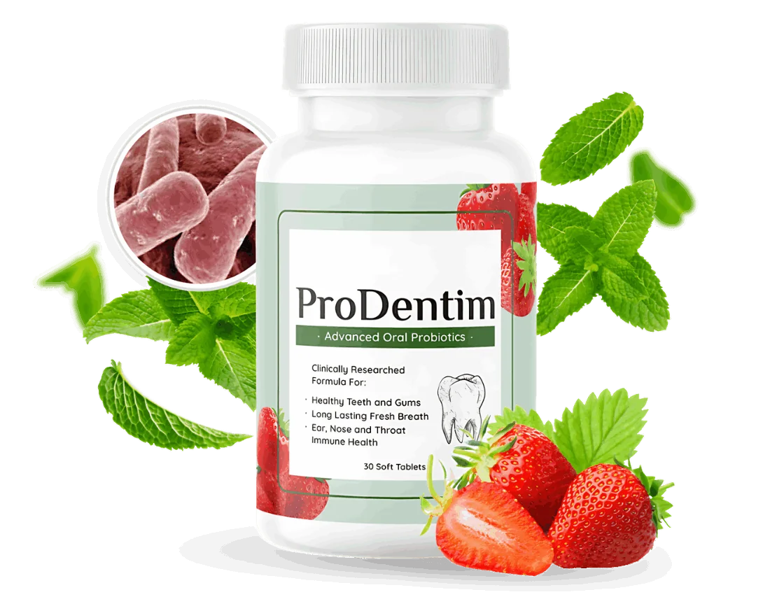 ProDentim Advanced Oral Probiotics bottle with strawberries, mint leaves and probiotic illustration